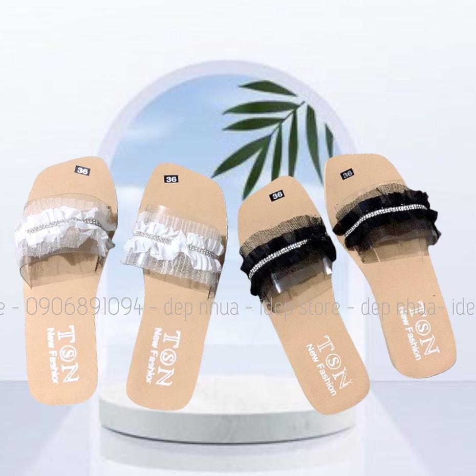 Dép nữ quai ngang trong bèo nhun nhúm đính cườm đế gỗ iDép- DL147