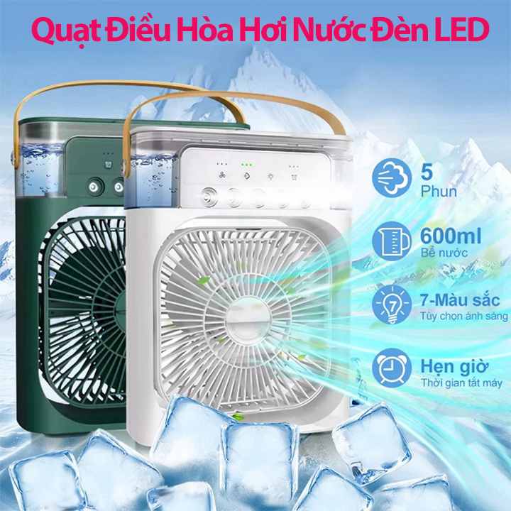 Quạt Điều Hòa Phun Sương Hơi Nước Mini Để Bàn Dung Tích Lớn 3 Chế Độ Đèn LED Đổi Màu, Chế Độ Hẹn Giờ Sử Dụng Cổng Sạc USB Tiện Dụng