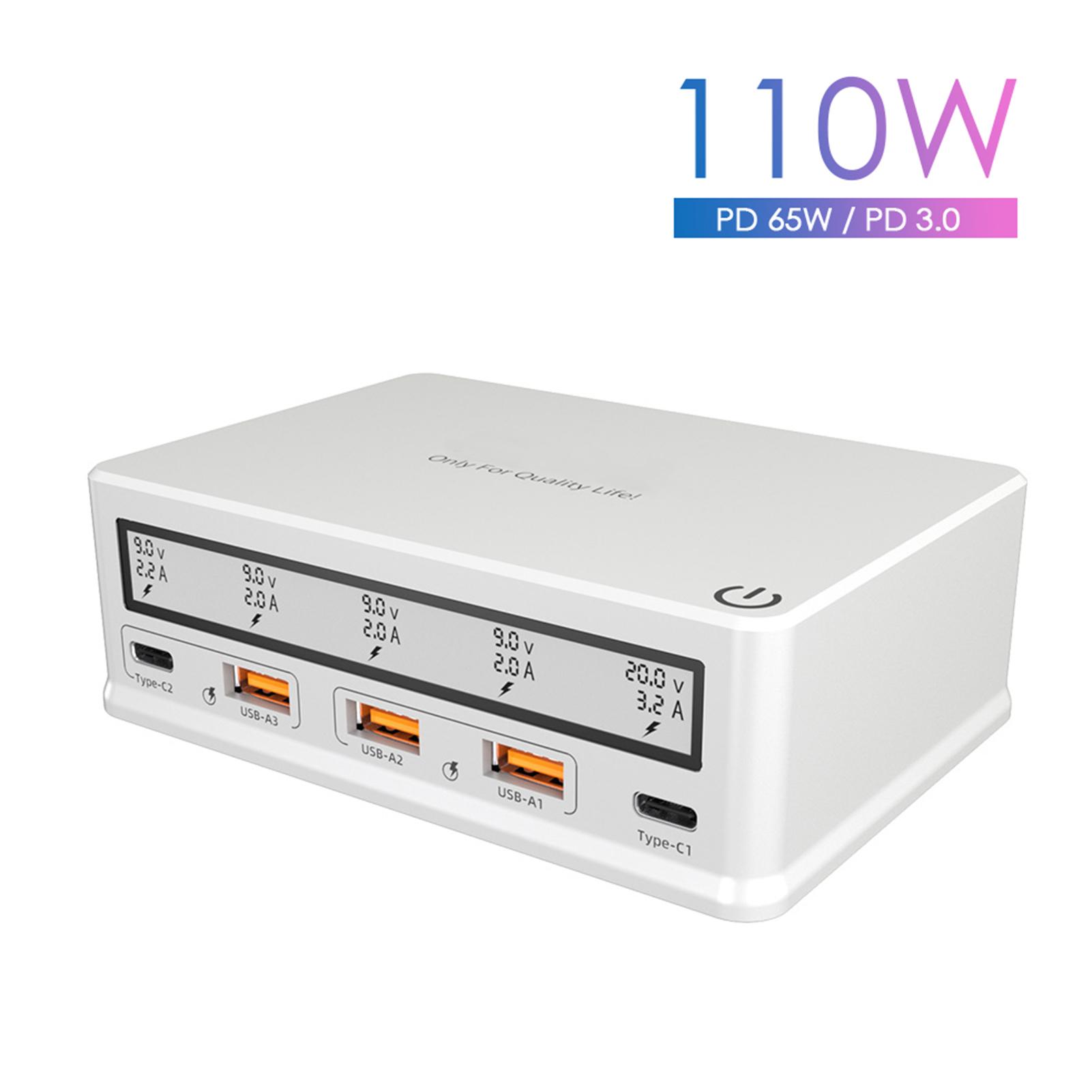 USB Wall Charger 110W 5-Port USB Charging Station Multi Port USB Hub Charger Compact Size LCD Display Compatible with Smartphone Tablet and Multiple Devices