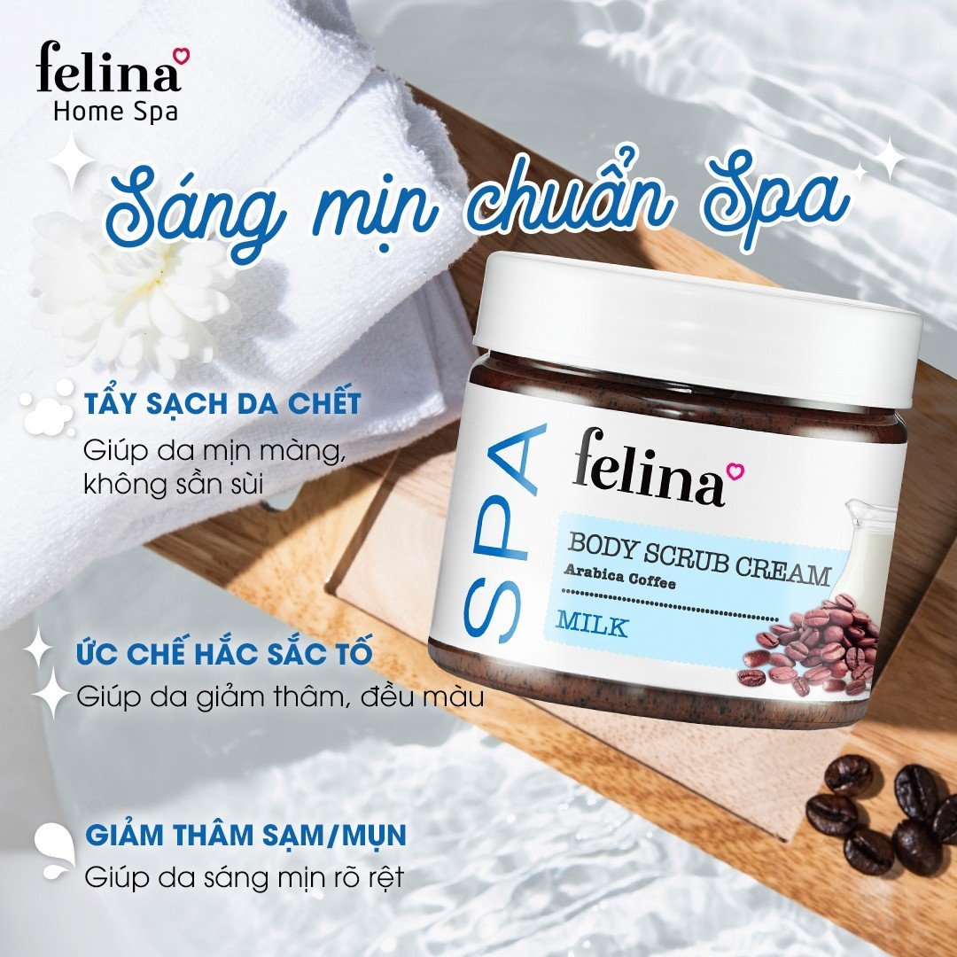 Kem tắm tẩy tế bào chết body Felina Home Spa từ hạt cà phê và tinh chất sữa giúp da sạch sâu, giảm thâm, đều màu