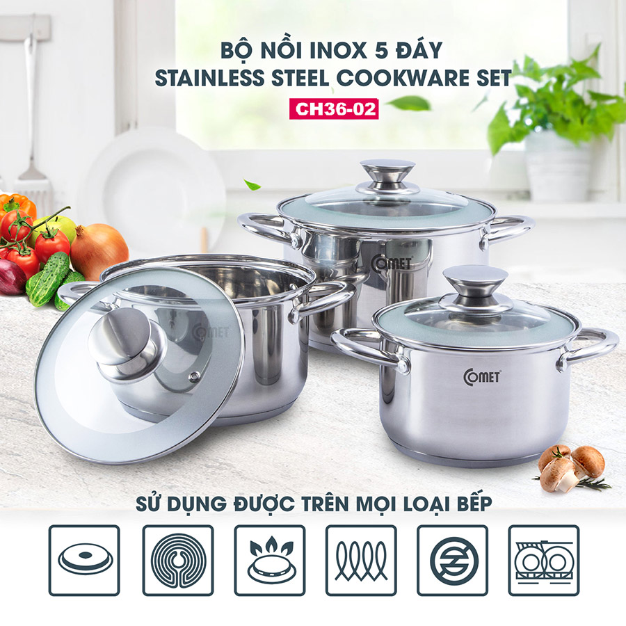 Bộ 3 Nồi Inox 304 5 Đáy Comet CH36-02 3 Size 16cm, 20cm, 24cm