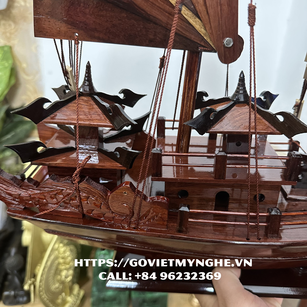 Mô hình thuyền gỗ thuyền trang trí thuyền gỗ cổ Hạ Long Rồng - Thân tàu dài 40cm - Buồm gỗ tự nhiên