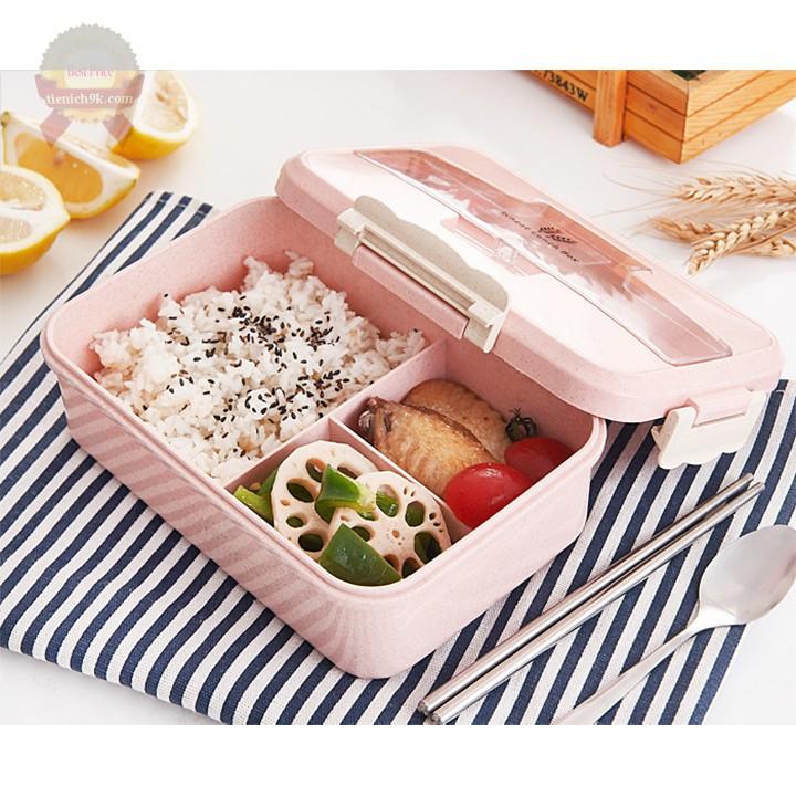 Hộp cơm 3 ngăn lúa mạch kèm thìa đũa Inox chịu nhiệt cỡ lớn nắp khóa chống tràn Giá đỡ điện thoại Đồ dùng văn phòng