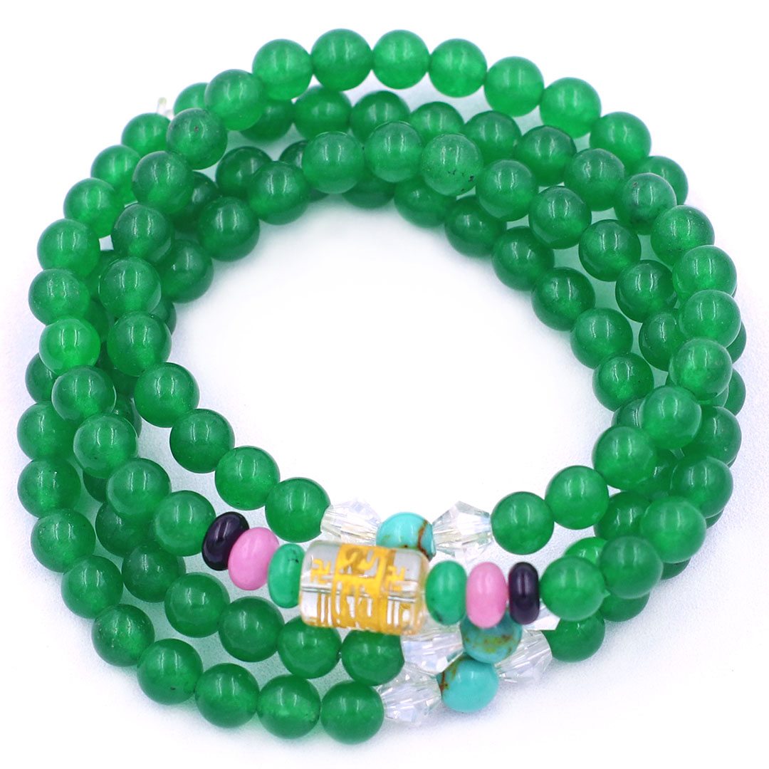 Vòng chuỗi 108 hạt đá thạch anh xanh lá charm lục tự chân ngôn - hạt 8 ly , vòng chuỗi niệm Phật, vòng chuỗi đeo tay