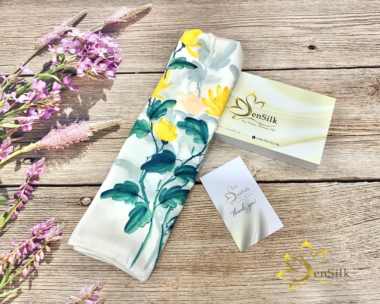 Khăn Lụa Tơ Tằm Vẽ Hoa Cúc Vàng SenSilk - Art of Silk Quà Tặng Mẹ - Hand Painted Silk Scarf - High Quality Pure Silk