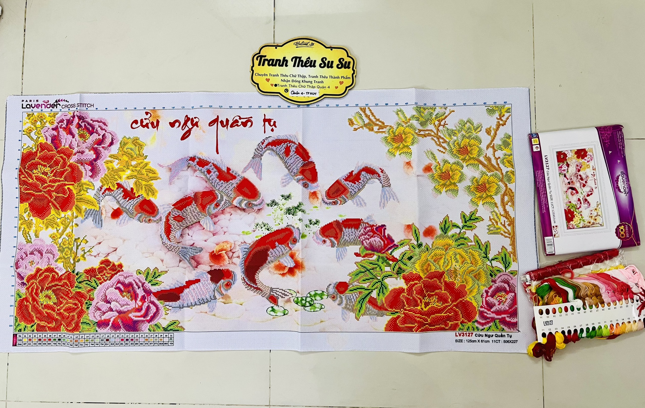 Tranh thêu chữ thập Cửu ngư quần hội LV3172, kích thước 125 x 60 cm