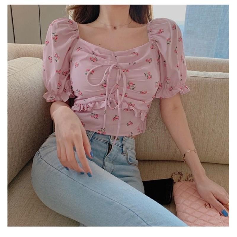 Áo croptop hoa tay bồng thắt nơ ngực 2021