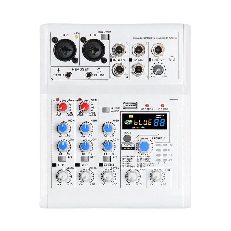 Mixer thu âm livestream karaoke E4 2 cổng micro XLR, 2 cổng phantom 48V, 1 cổng 3.5 cho micro 5v mode mới nhất 2021