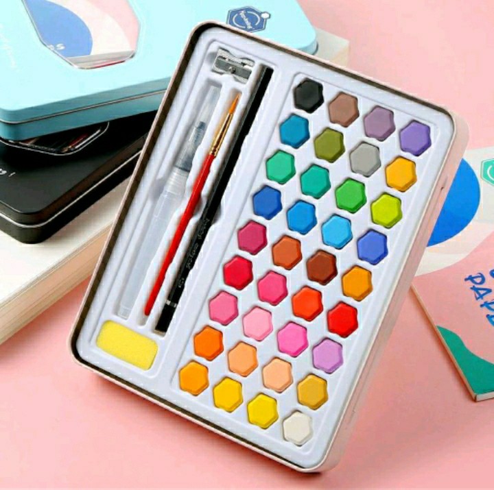 Bộ 36 màu nước cao cấp vẽ tô màu họa cụ dễ thương kèm bút nước, bút lông, bút chì, gọt chì, miếng mút và giấy vẽ