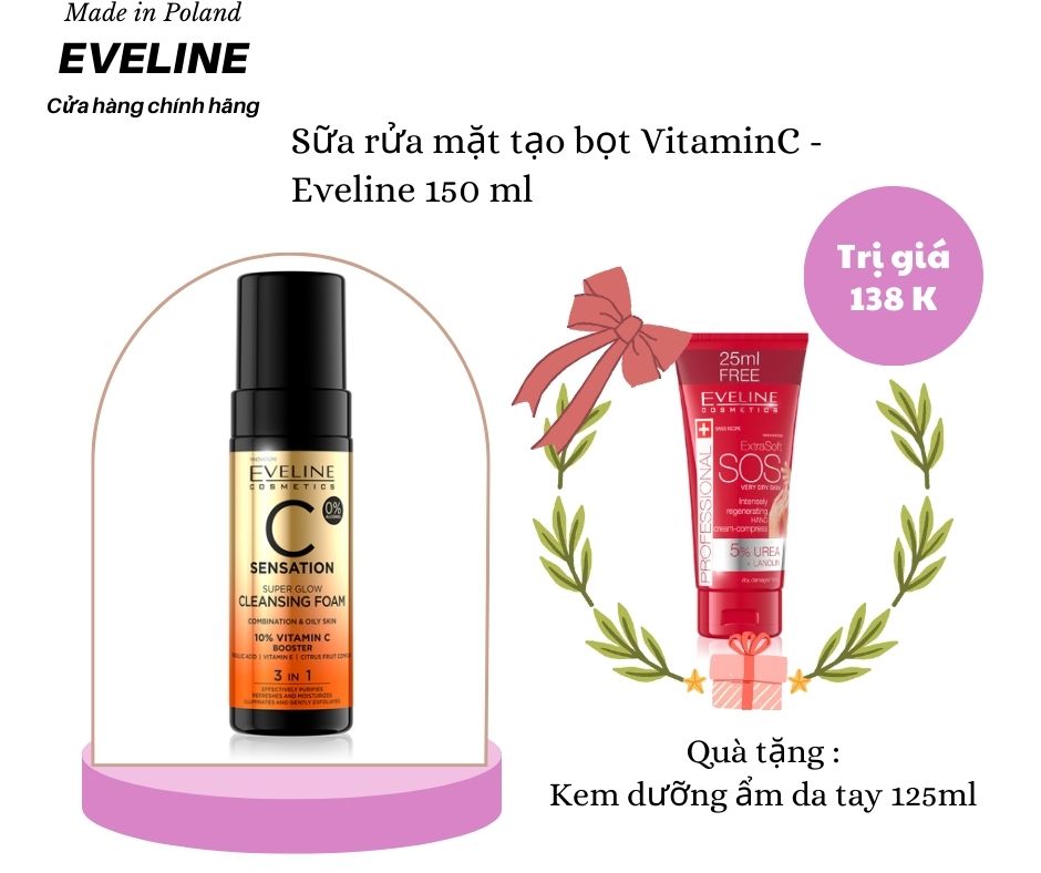 [ Tặng kem dưỡng tay SOS ] Sữa rửa mặt tạo bọt Eveline vitamin C phục hồi làm trắng da 150ML