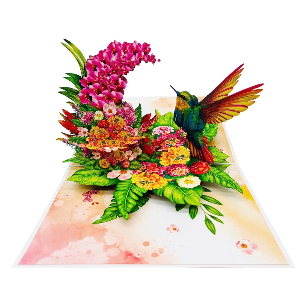 F62 -  Thiệp 3D Chim Ruồi &amp; Hoa Lan Hồng – Pop Up Card Viethands Giftshop
