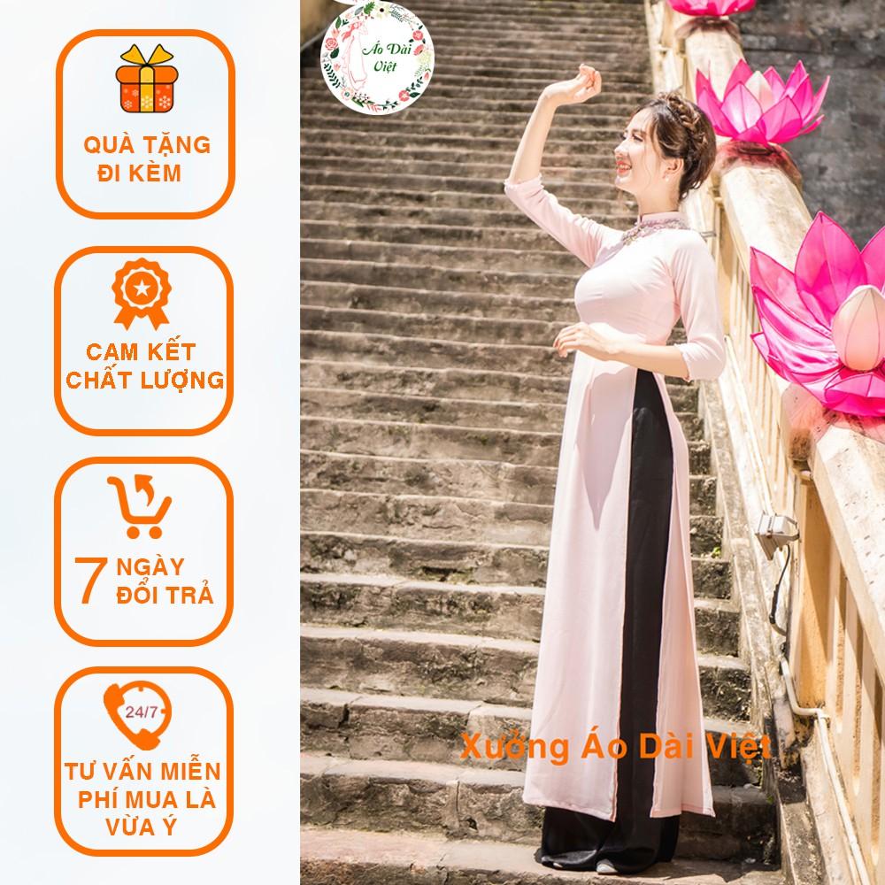 Áo Dài Hồng Đắp Hoa Ruy Băng - Áo Dài 4 Tà - Áo Dài Việt Hàng Lụa Chất Lượng