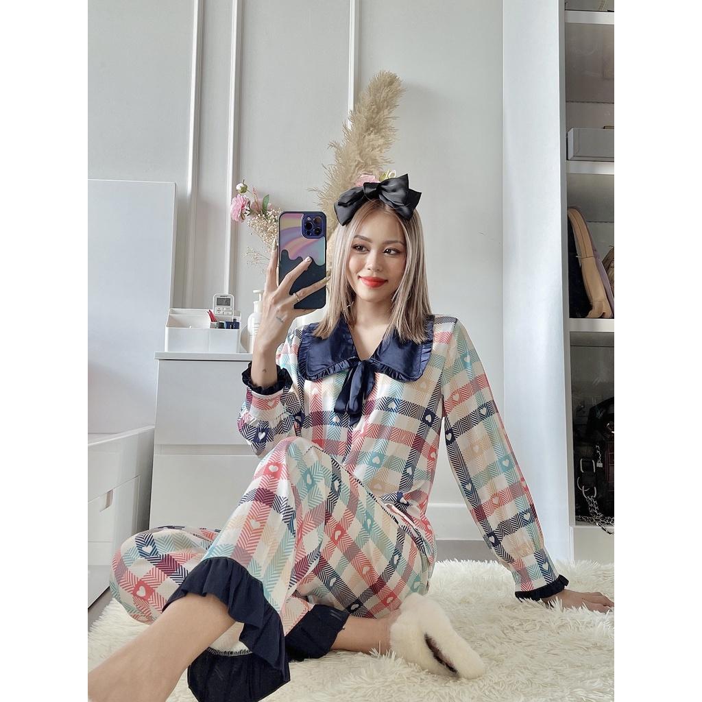 Bộ Lụa Dài Tay Dài Bèo Nơ Họa Tiết Mặc Nhà