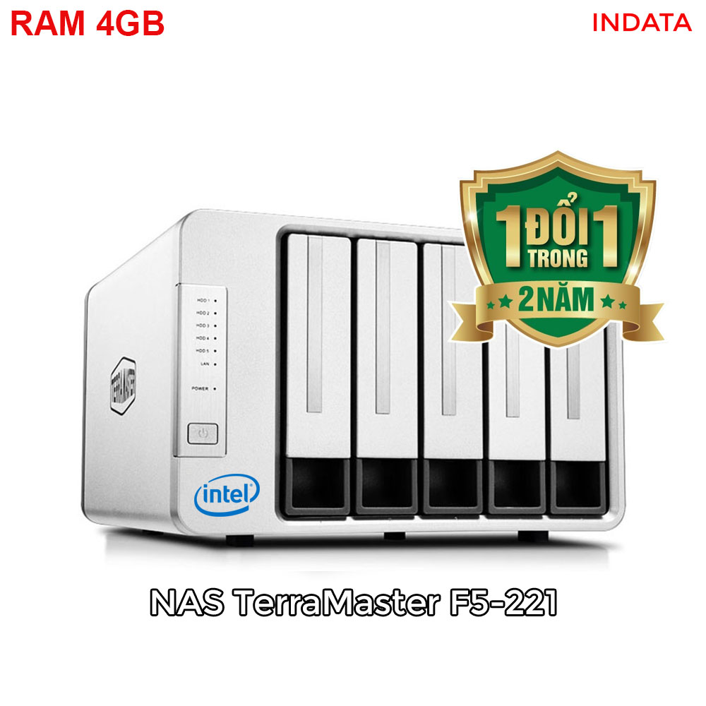 Bộ lưu trữ mạng NAS TerraMaster F5-221, Intel Dual-core CPU 2GHz, RAM 4GB, LAN 2x 1GbE, 5 khay ổ cứng RAID 0,1,5,6,10,JBOD,Single - Hàng chính hãng