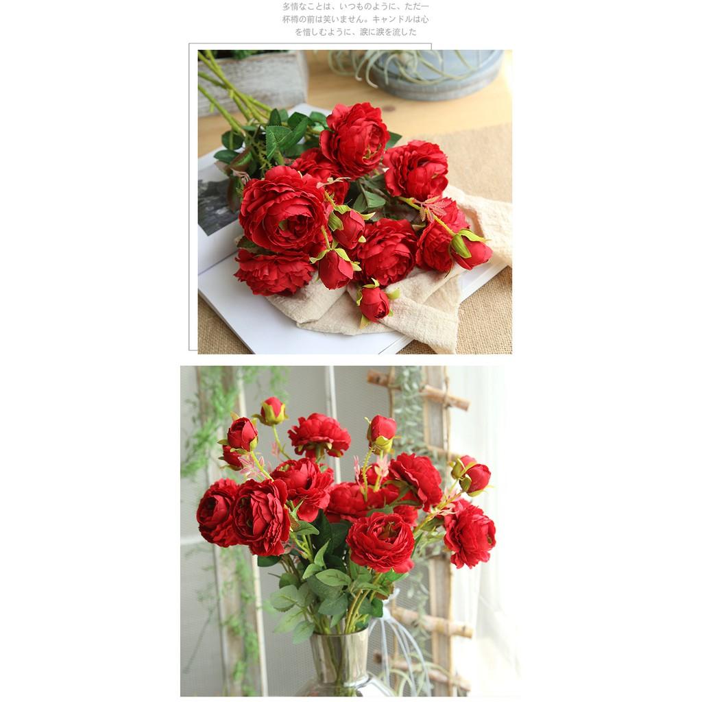 Hoa mẫu đơn cành lớn 3 bông, hoa giả nhân tạo