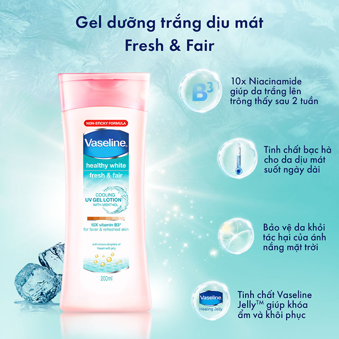 Sữa Dưỡng Thể 200Ml Vaseline Dưỡng Ẩm Sáng Da Fresh &amp; Bright 10X Niacinamide Giúp Da Sáng Khỏe Mịn Căng Tinh Chất Menthol Mát Lạnh Như Tuyết Tan Trên Da