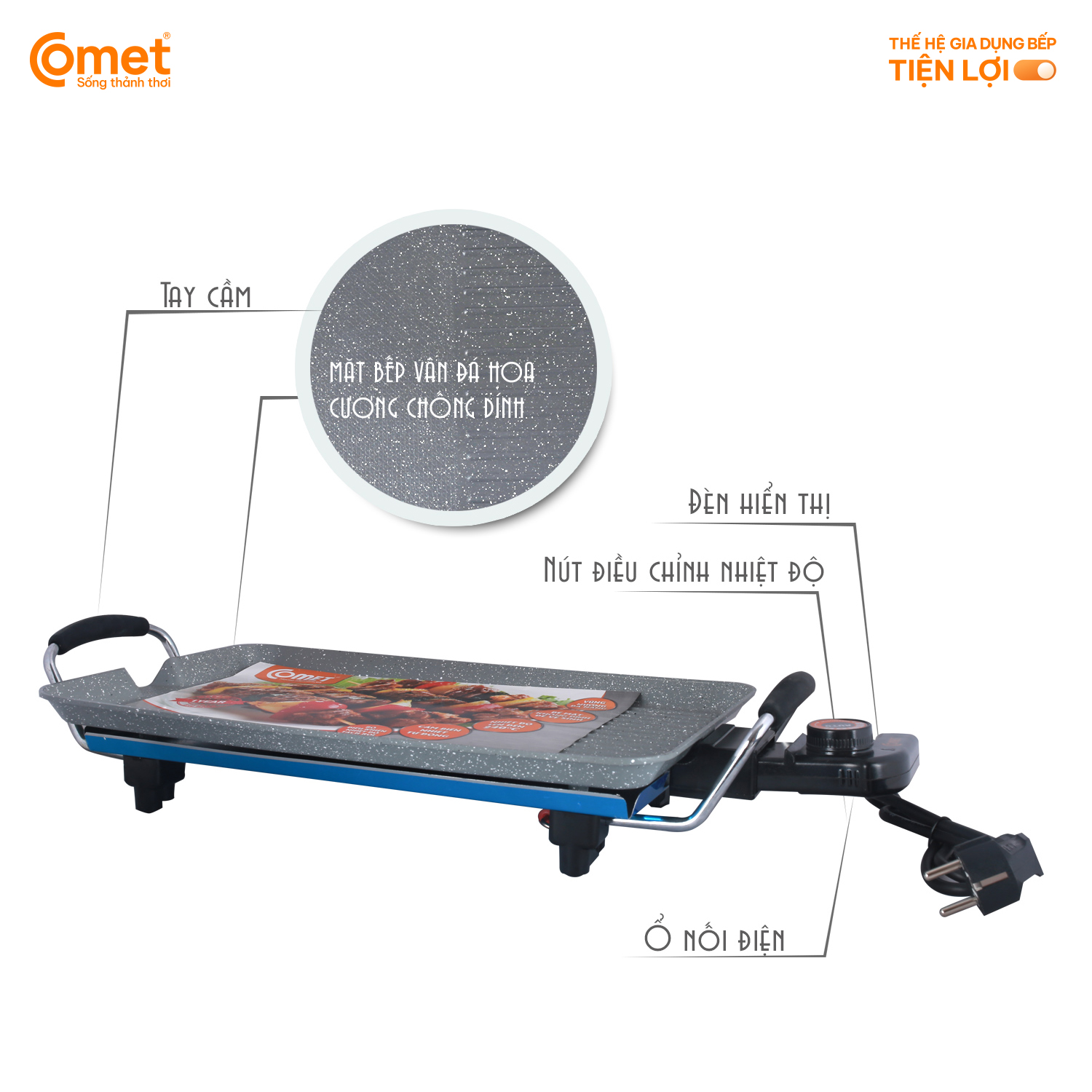Bếp nướng điện không khói Comet CM5665 – Công suất 1400W, chống dính vân đá, điều chỉnh nhiệt độ – Bảo hành 12 tháng, Hàng Chính hãng