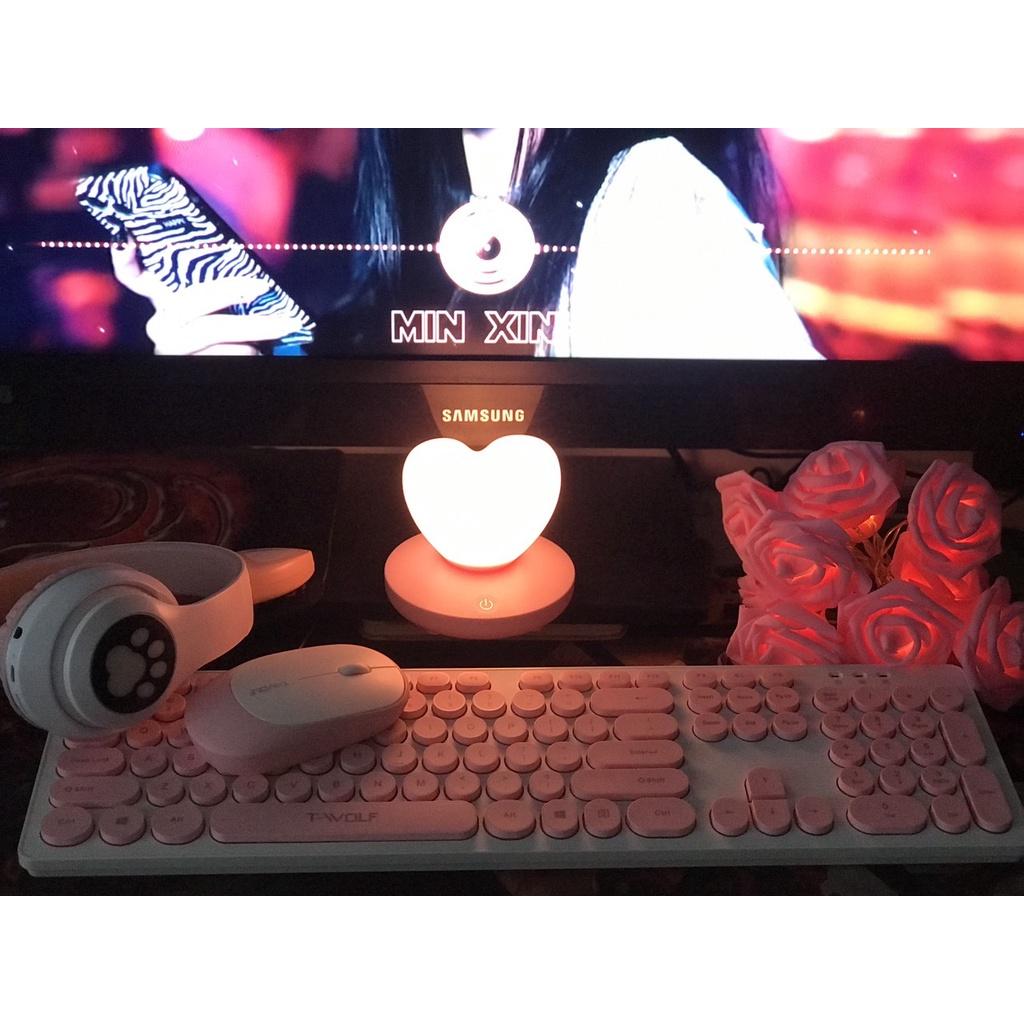 Combo quà tặng bạn gái tai nghe mèo, bàn phím tròn và chuột văn phòng không dây màu hồng dễ thương
