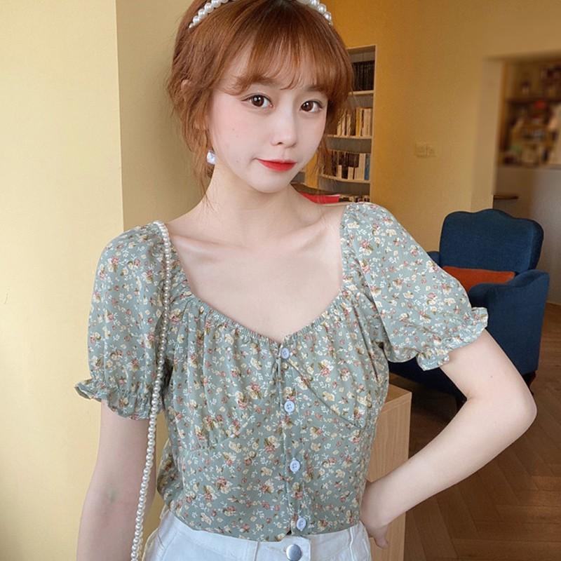 Áo Kiểu Chiffon Tay Ngắn Cổ Vuông In Họa Tiết Xinh Xắn Cho Nữ