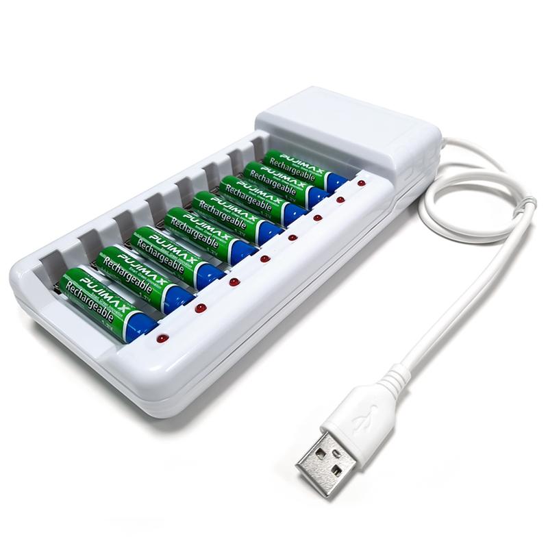 Pujimax sạc pin sạc đầu ra USB 8 khe bảo vệ ngắn mạch sạc nhanh phù hợp với công cụ pin AAA/AA Màu sắc: Đen