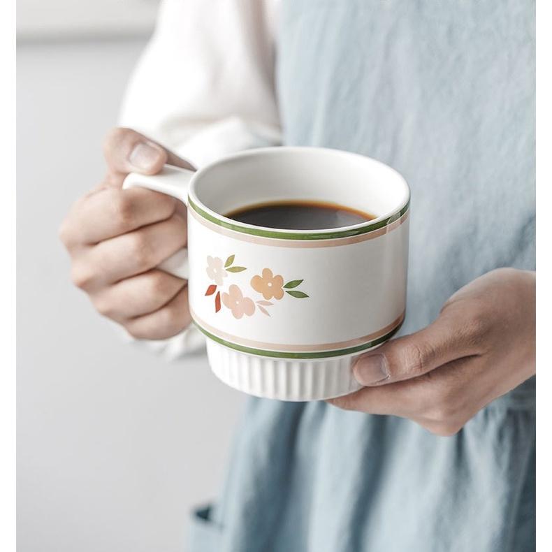 Cốc sứ uống trà, cafe 320ml in hình hoa vintage phong cách Bắc Âu