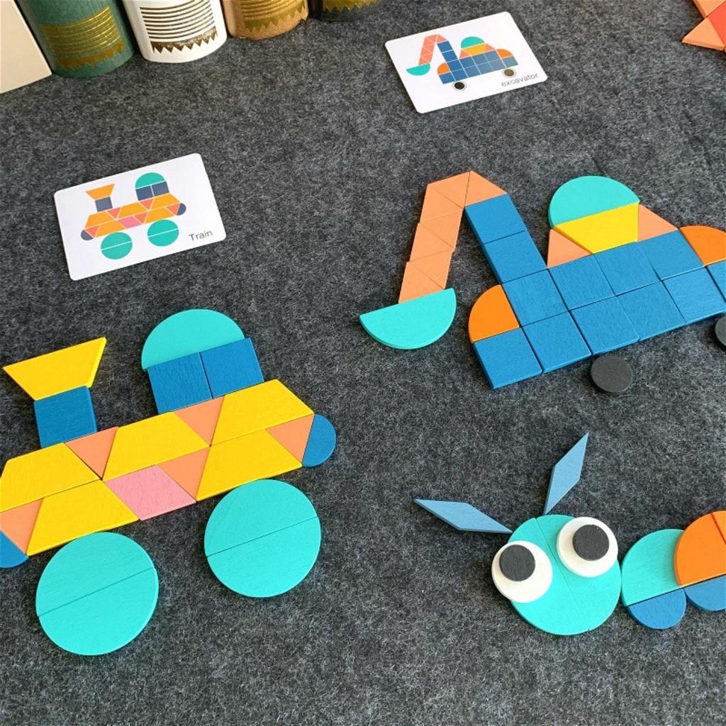 Đồ chơi ghép hình tư duy - xếp hình Tangram, ghép hình Patern Block theo thẻ 180 chi tiết bằng gô cho bé.