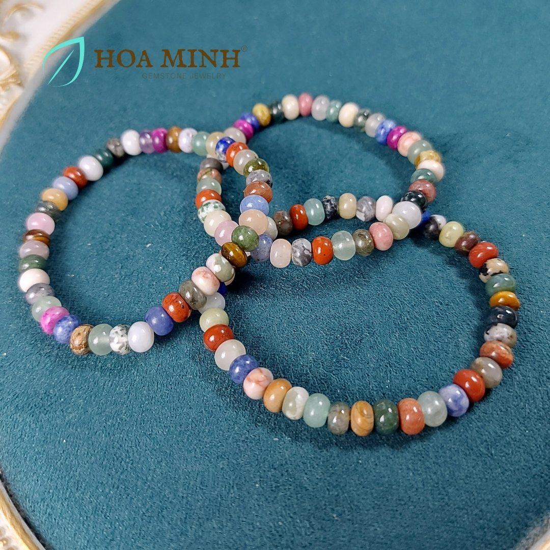 Vòng tay phong thủy kiểu bánh xe hạt 6.4 li ngũ hành đủ loại đá Lapis Lazuli thanh kim, Chalcedony, Thạch anh, Ngọc jasper không kén mệnh