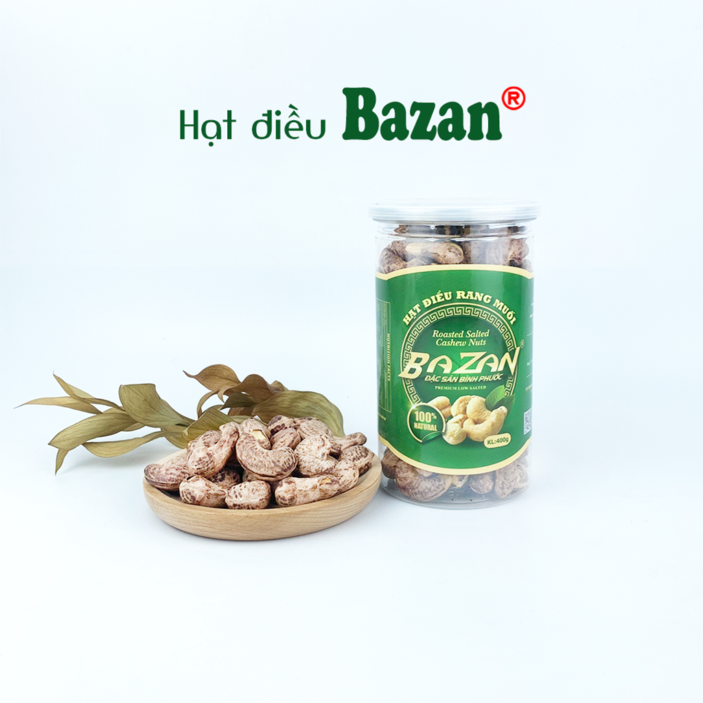 Hạt điều rang muối Bazan Bình Phước nguyên hạt dinh dưỡng A+ loại 1 hộp 400g nắp bật còn vỏ lụa