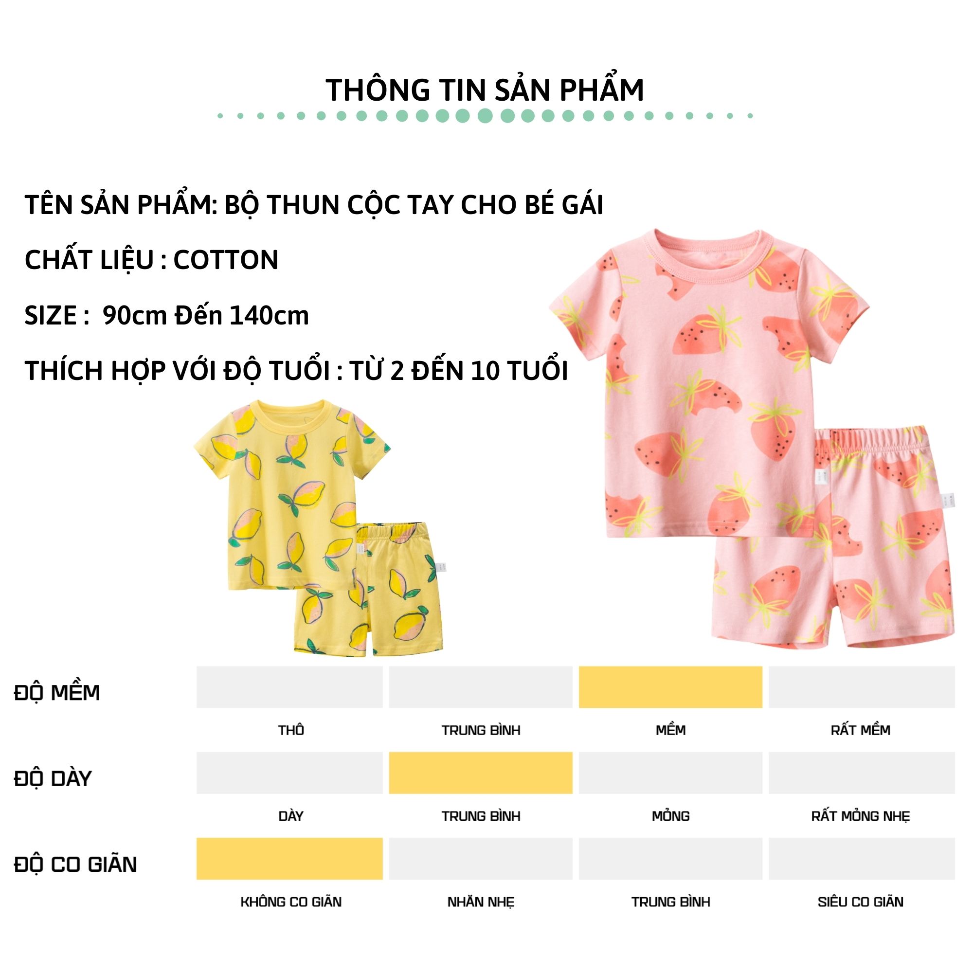 Bộ quần áo cộc tay bé gái 27Home bộ đồ cho bé họa tiết trái cây SET302