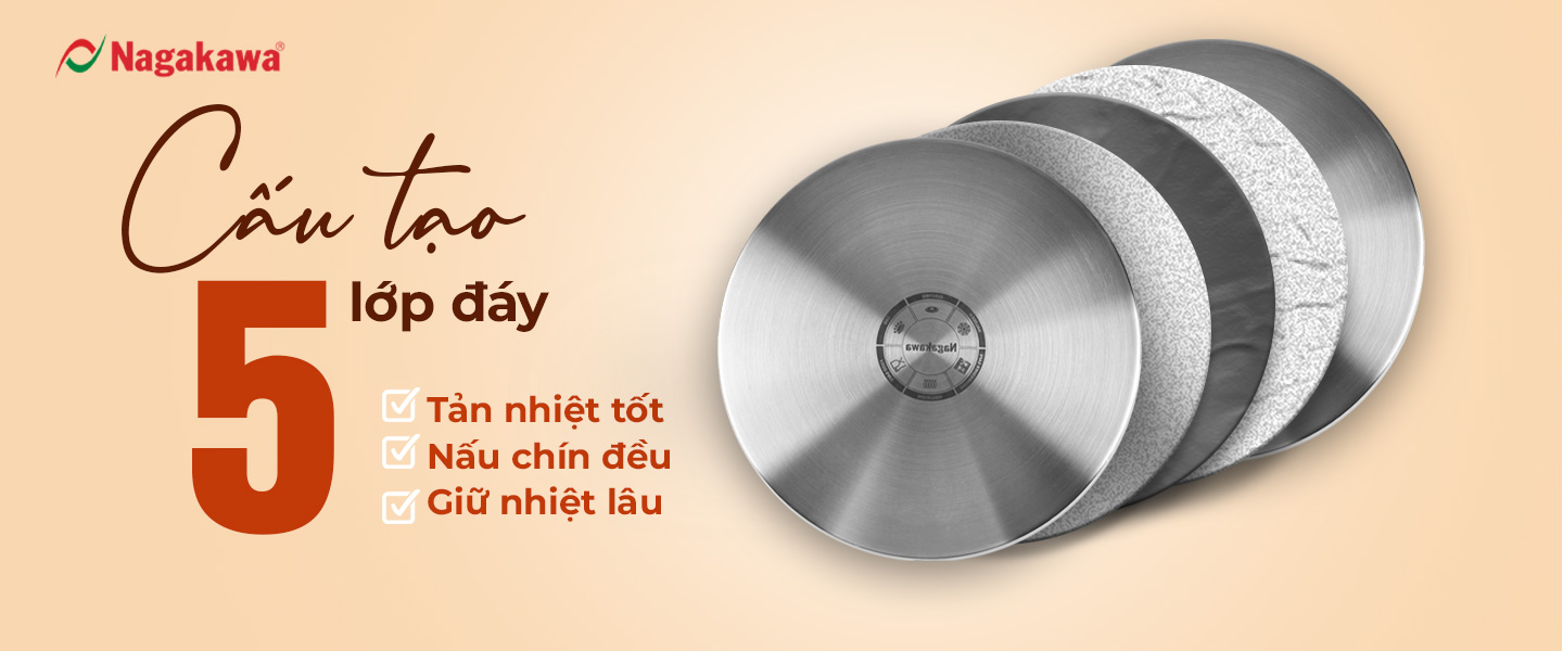 [HỘP QUÀ TẾT] Bộ 3 nồi inox 5 đáy Nagakawa NAG1360 (16cm - 20cm - 24cm) - Hàng chính hãng