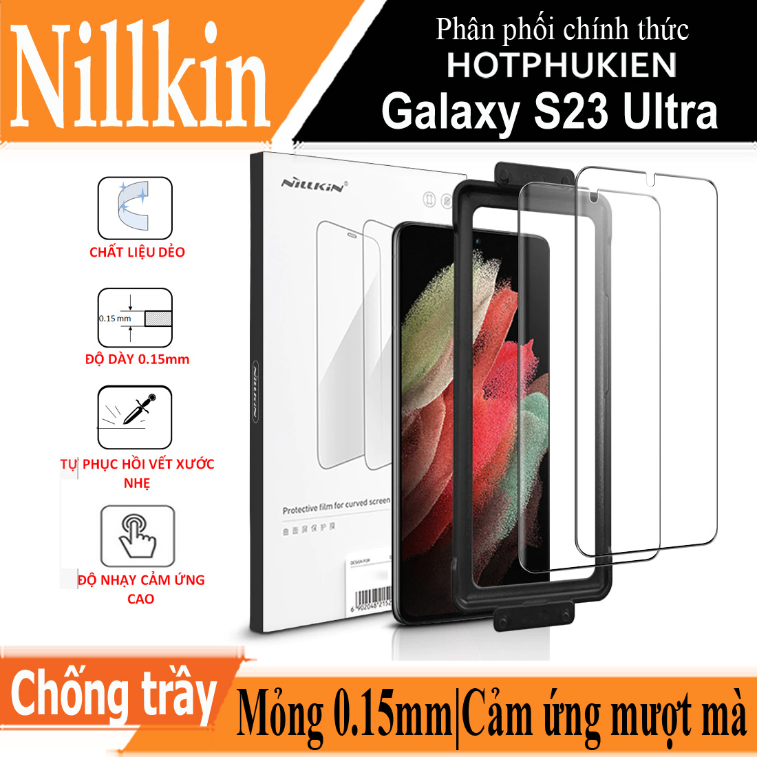 (Mua 1 tặng 1) Tấm dán màn hình curved film full viền 3D cho Samsung Galaxy S23 Ultra hiệu Nillkin Full Glue Screen Protector có độ mỏng chỉ 0.23mm, mặt vát cạnh 2.5D ôm sát toàn bộ viền, tặng kèm khung tự dán dễ dàng dán tại nhà - Hàng nhập khẩu