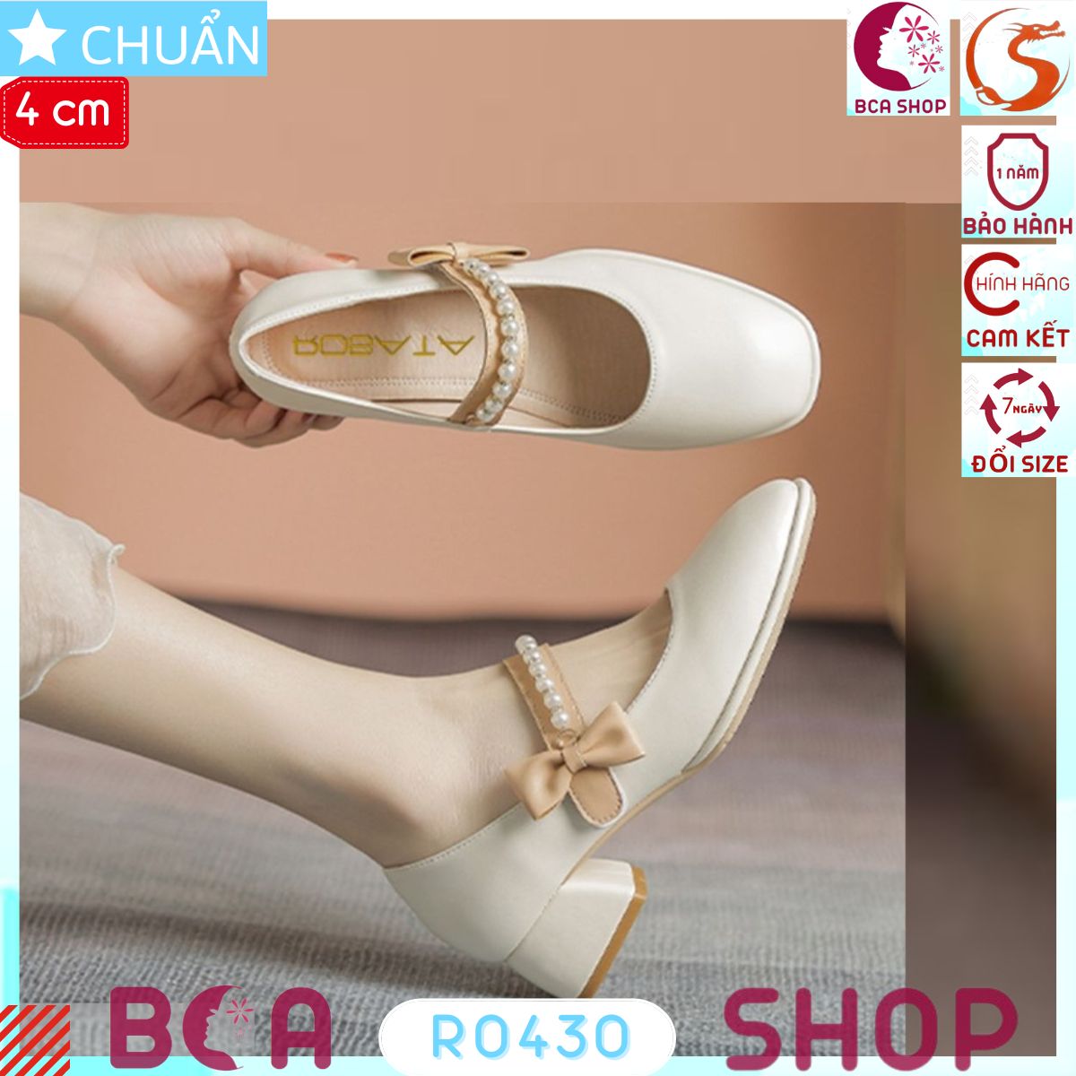 Giày cao gót nữ màu trắng 4p RO430 ROSATA tại BCASHOP kiểu dáng công chúa với quai ngang đính ngọc tr.ai và nhấn nơ