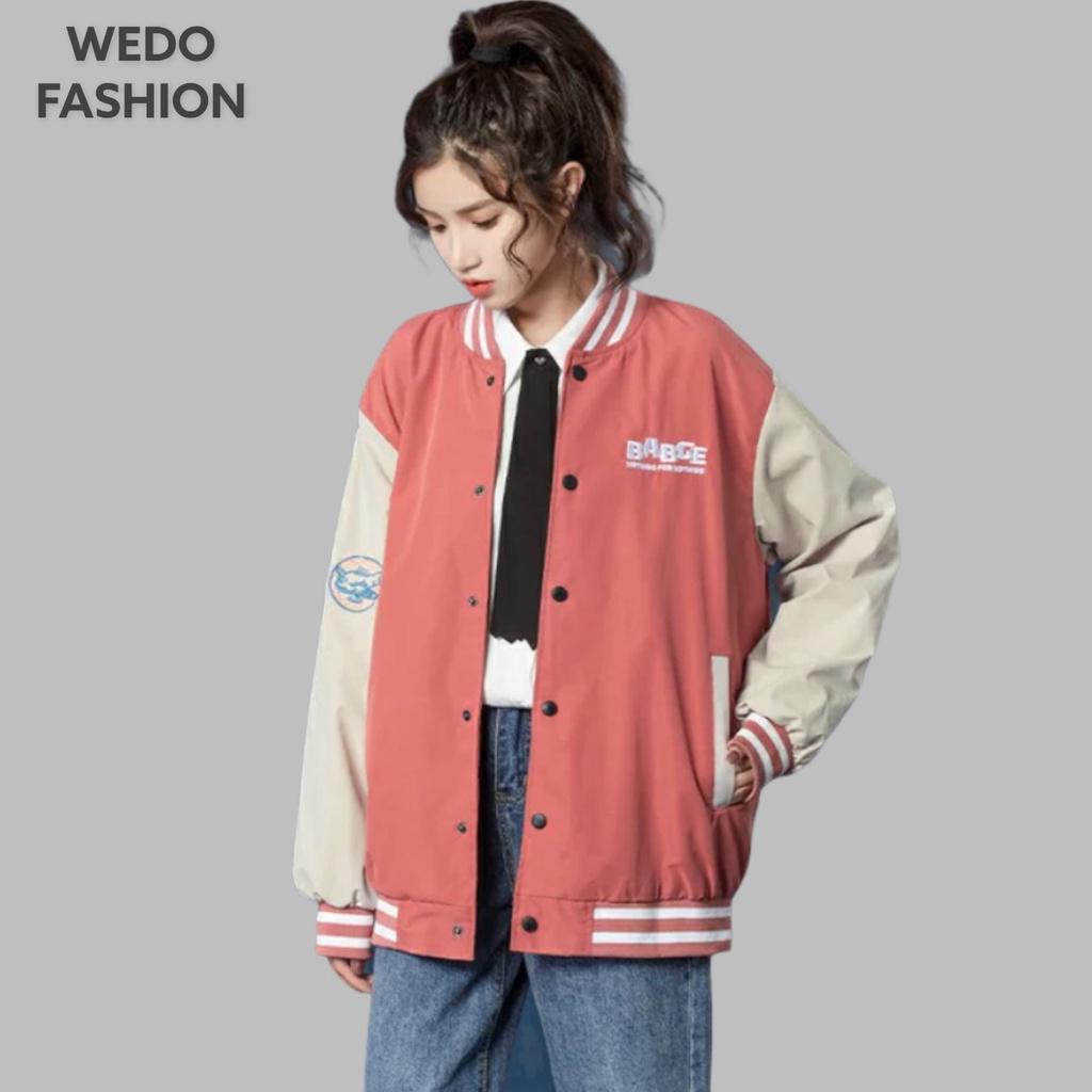 Áo khoác Bomber nữ BABGE, vải dù mero hai lớp cao cấp, logo thêu kèm nút bấm phối màu cá tính