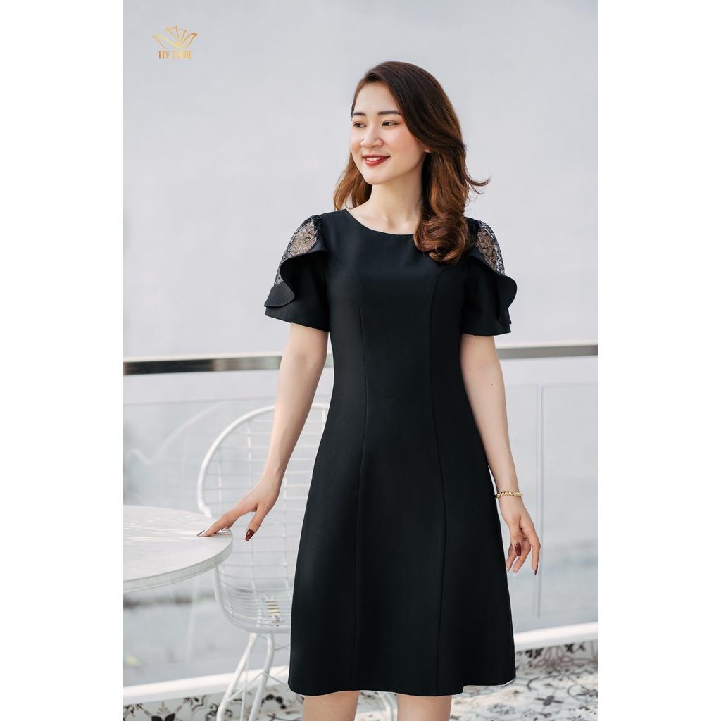 Đầm suông đen công sở, đầm thiết kế cổ tròn tay phối ren - Đen - TTV865 - TTV Store