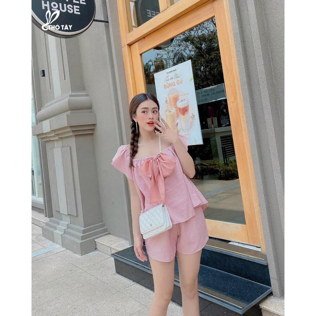 SET BỘ ĐỒ CARO MẶC 2 KIỂU KÈM NƠ THỜI TRANG