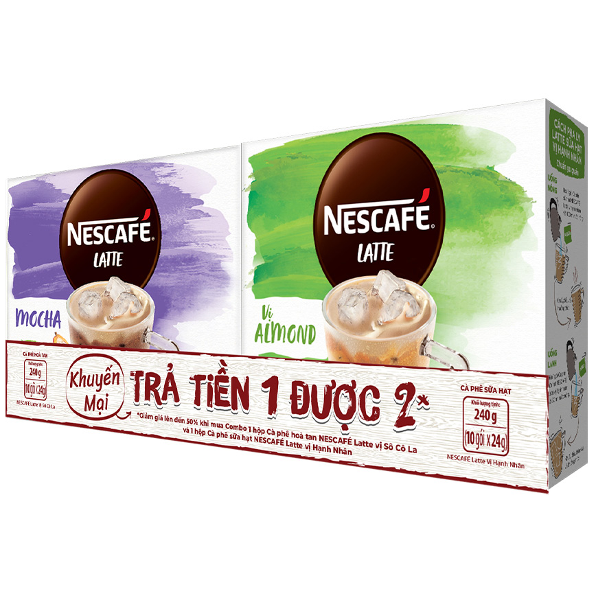 Combo Nescafé Latte vị hạnh nhân và cà phê hòa tan Nescafé Latte vị sô cô la (Hộp 10 gói x 24g)