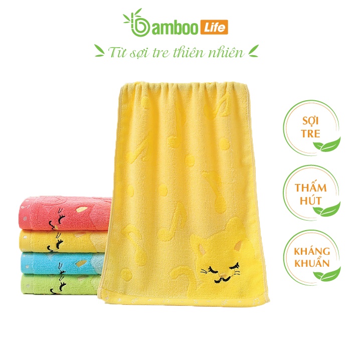 Khăn mặt sợi tre Bamboo Life họa tiết mèo con- Khăn mềm mại, thấm hút tốt, an toàn khi sử dụng, thân thiện với môi trường