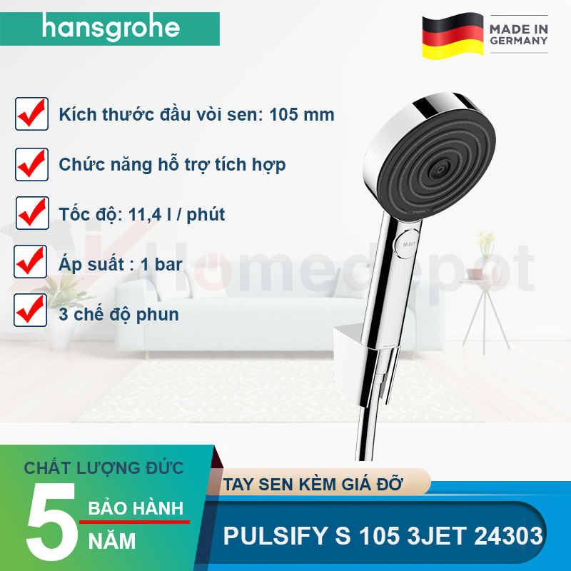 Tay sen kèm giá đỡ HANSGROHE Pulsify Select S 105 3jet 24303