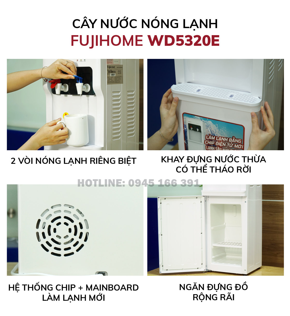 Cây nước nóng lạnh Nhật Bản Fujihome WD5320E khóa vòi nóng, bình lọc tủ máy lọc nước nóng lạnh mini uống tự ngắt tiết kiệm điện - Hàng Nhập Khẩu