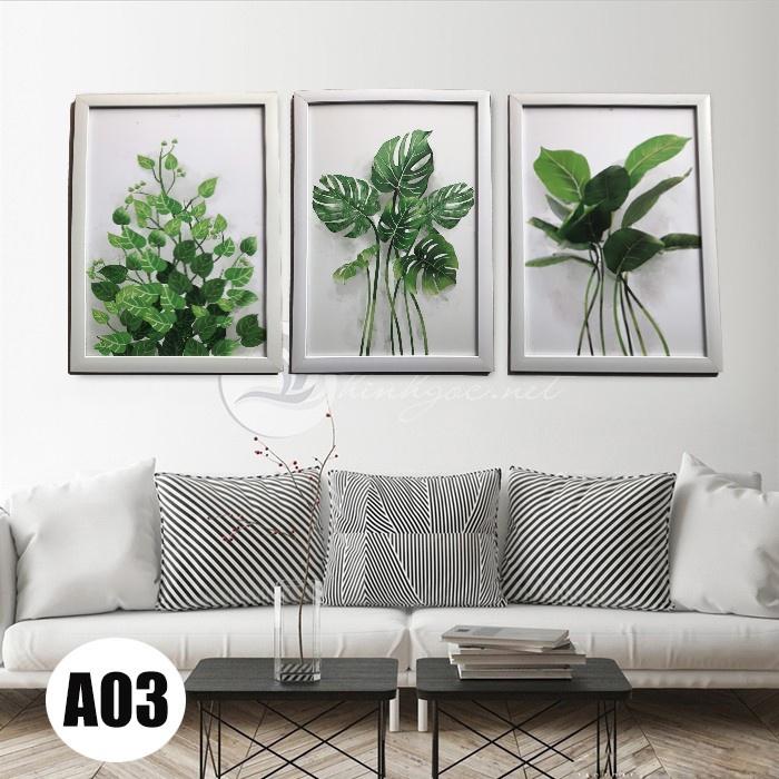 Tranh treo tường canvas, PVC 3 bức phong cách hiện đại, tranh lá cây trang trí phòng khách, phòng ngủ, phòng ăn