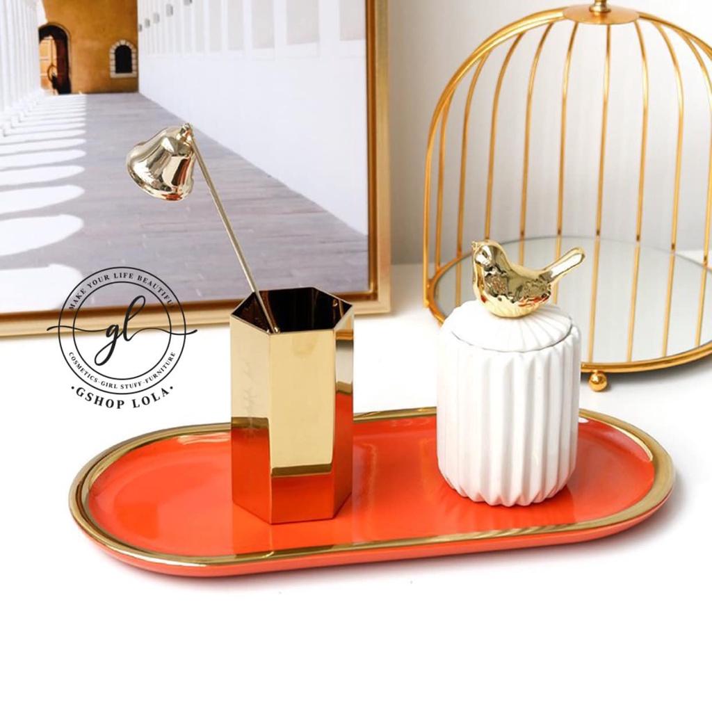 Khay gốm đỏ cam bày đồ, decor siêu xinh