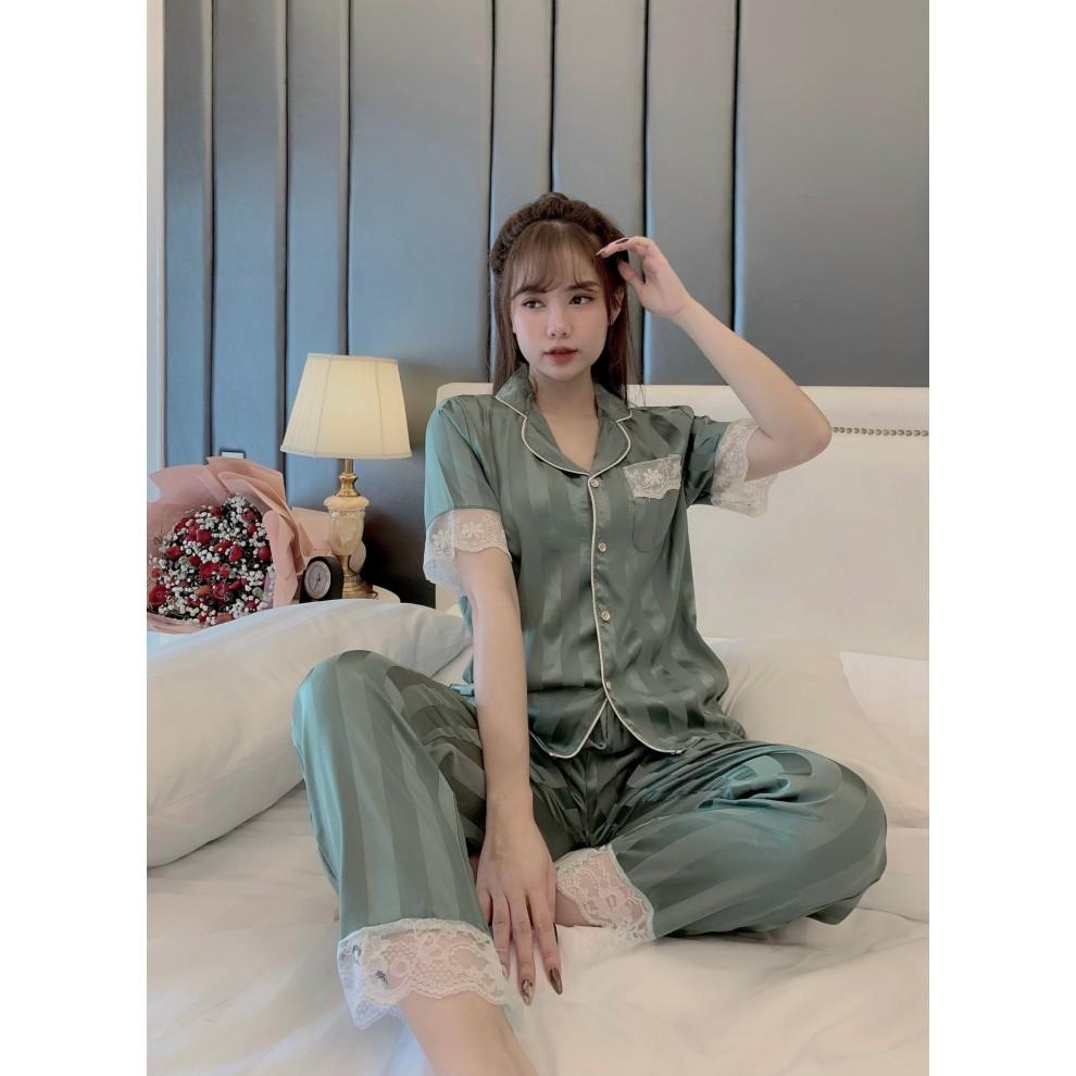 Bộ pijama tay ngắn quần dài phối ren, đồ bộ họa tiết sọc hot trend mẫu mới