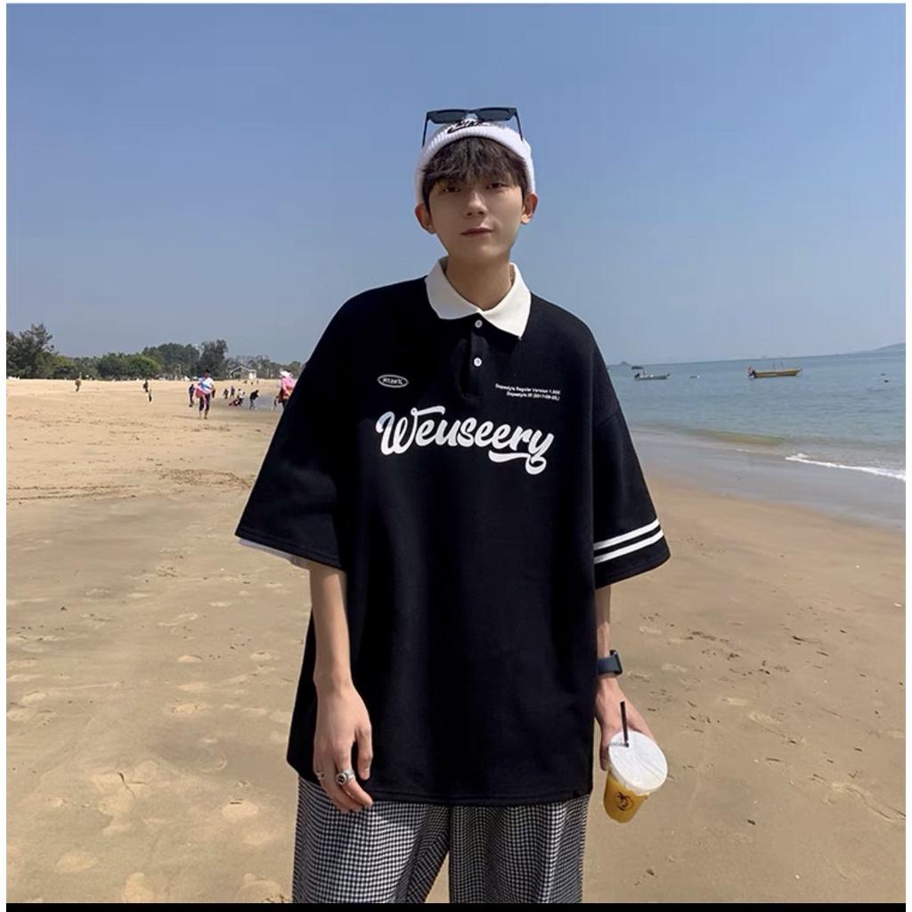 Áo Polo SEERY Dáng Rộng Nam Nữ Tay Phối Kẻ