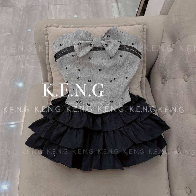 Set áo quây nơ ngực chân váy 3 tầng ngắn xinh BY JOLIE - Hồng
