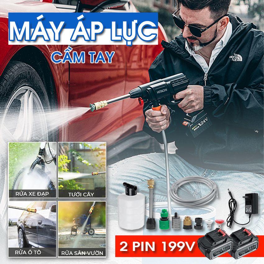 Máy Rửa Xe Dùng Pin Mini Chân Pin Phổ Thông Máy Rửa Xe Tăng Áp Công Suất 1500W Nhỏ Gọn Tiện Lợi