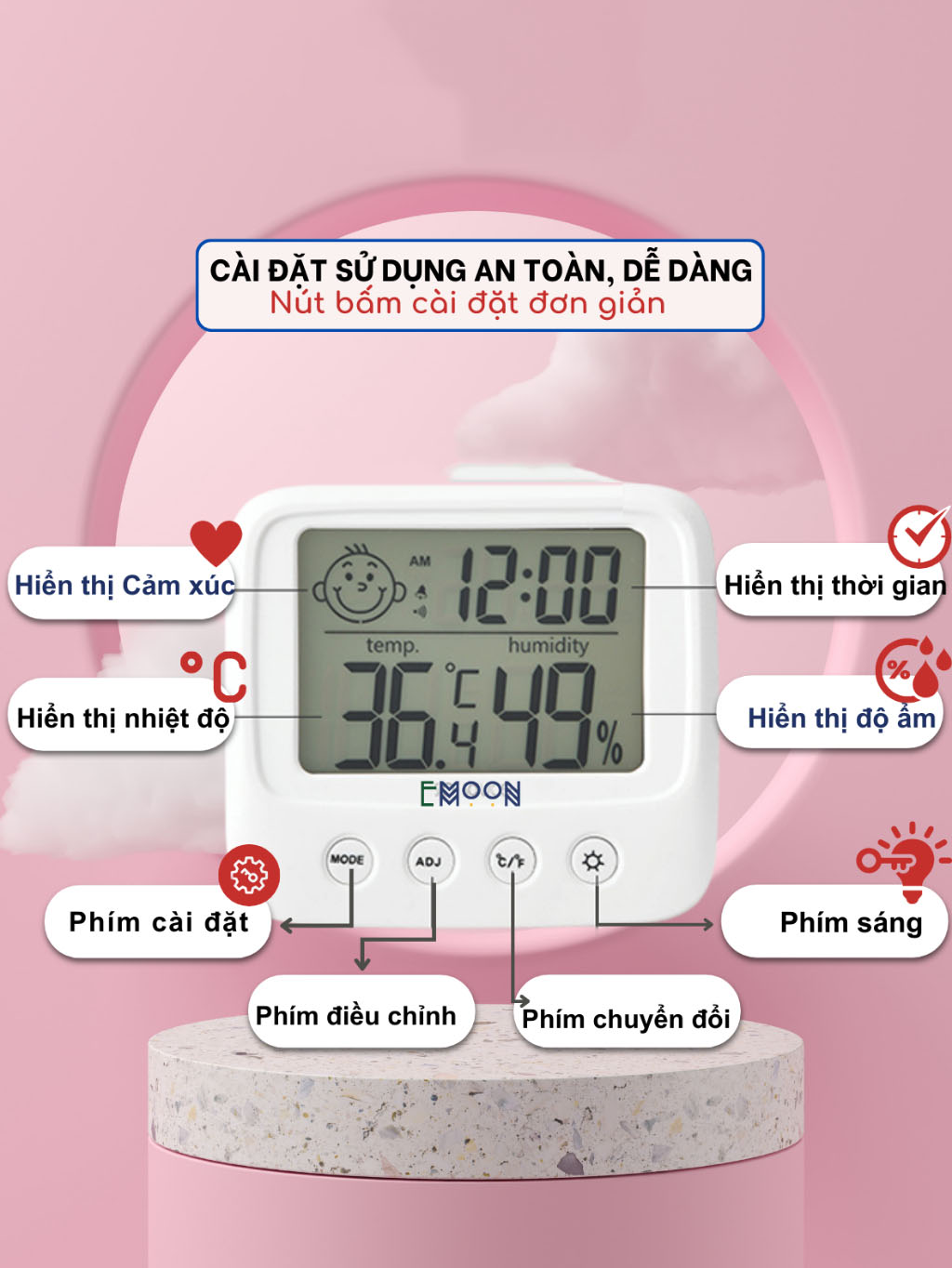 Nhiệt Kế Phòng Điện Tử Ẩm Kế 4 Trong 1 Đo Nhiệt Độ Và Độ Ẩm Báo Thời Gian Cảnh Báo Cảm Xúc Có Đèn Led Phòng Ngủ Cho Bé Đa Năng, Tiện Dụng