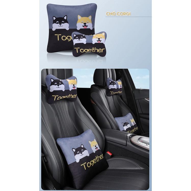 Set Bộ Gối Tựa Đầu Dựa Lưng Dùng Cho Xe Ô Tô Chần Bông Mẫu Cartoon Siêu Đẹp Độc Giá Rẻ