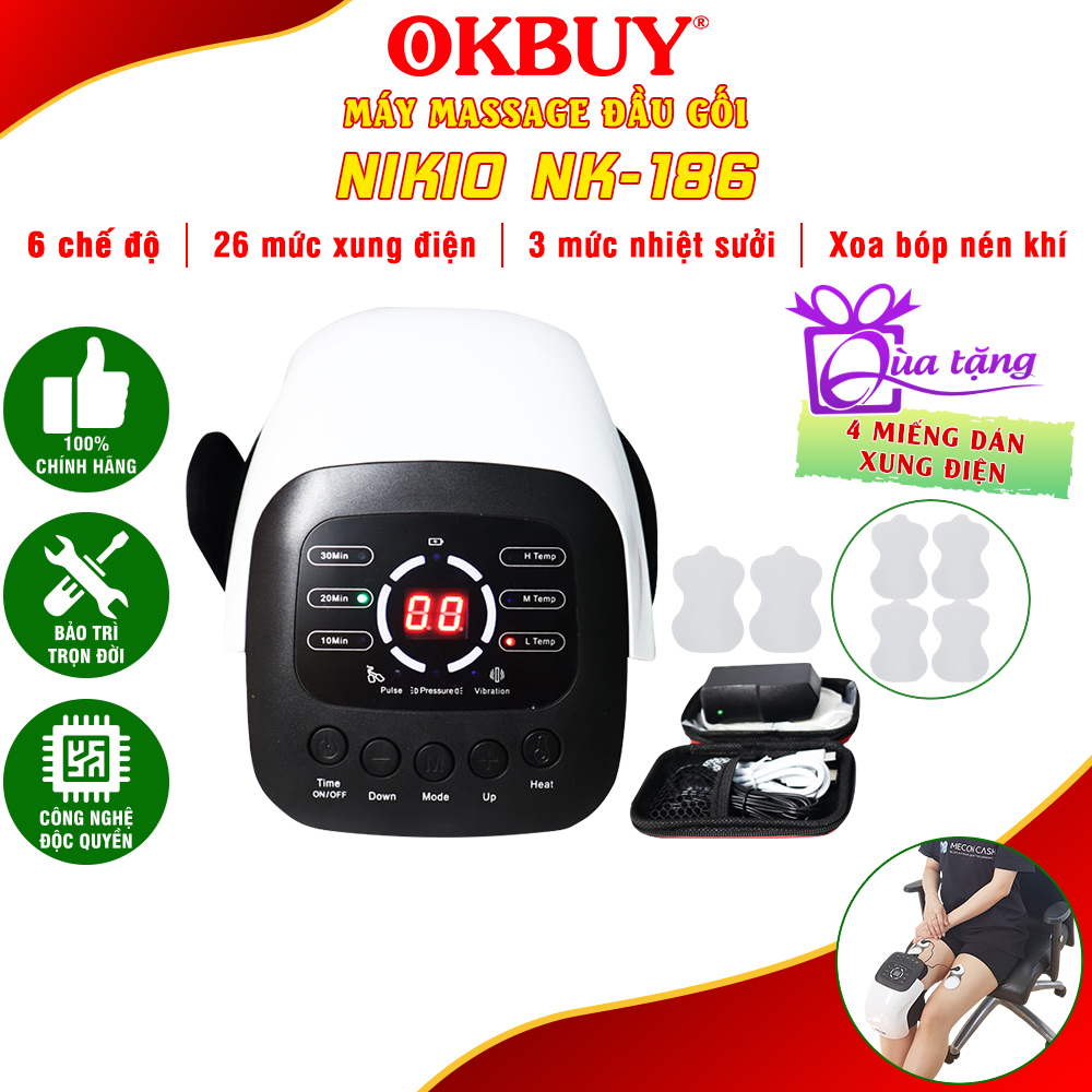 Máy Massage Đầu Gối Nikio NK-186 – Công Nghệ Rung, Túi Khí Xoa Bóp Nhẹ Nhàng Giúp Khớp Gối Thư Giãn, Giảm Đau Nhức – Kết Hợp Miếng Dán Xung Điện Matxa Giãn Cơ, Giảm Đau Nhức Toàn Thân – Dòng Pin Sạc