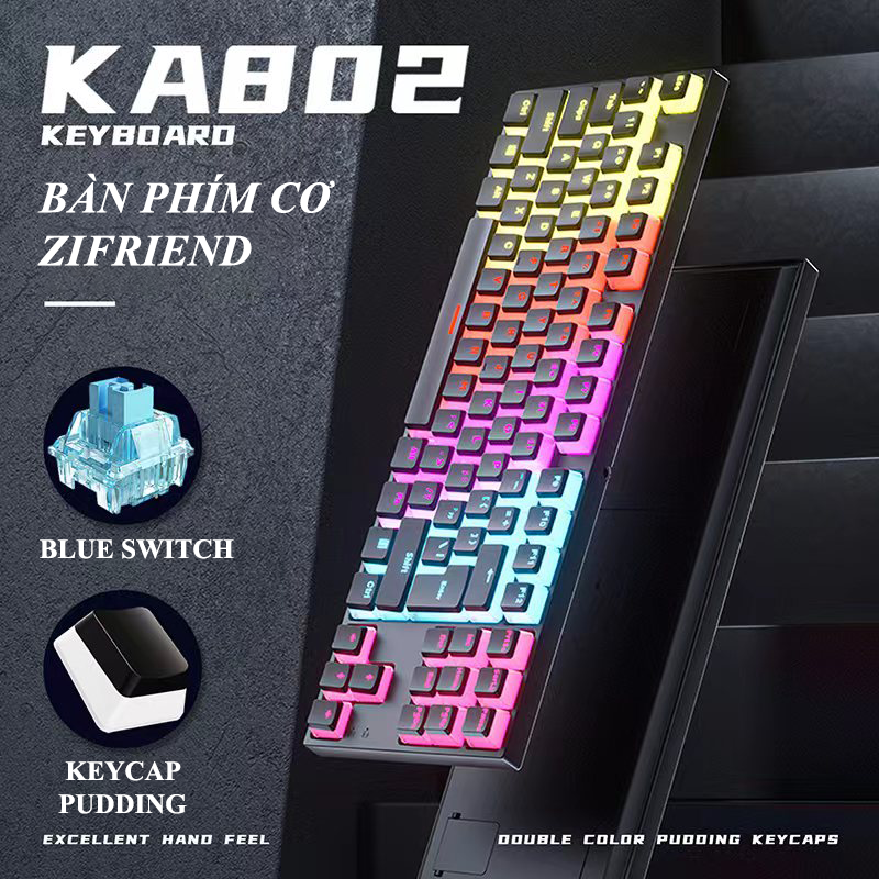 Bàn phím cơ ZIFRIEND KA802 sử dụng Blue Switch thiết kế mini nhỏ gọn chỉ 87 phím với keycap pudding xuyên led cực đẹp - Hàng Chính Hãng