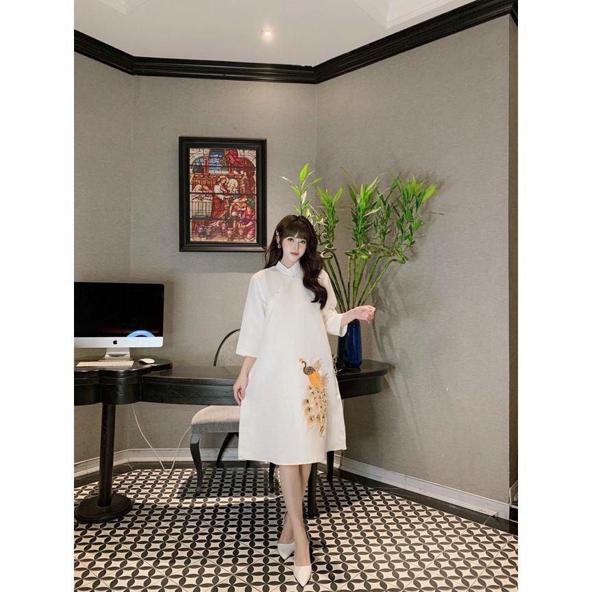 Váy bầu cách tân mẫu mới cho mẹ bầu diện tết cực xinh-Đầm bầu gấm họa tiết cho mẹ diện Tết và sự kiện
